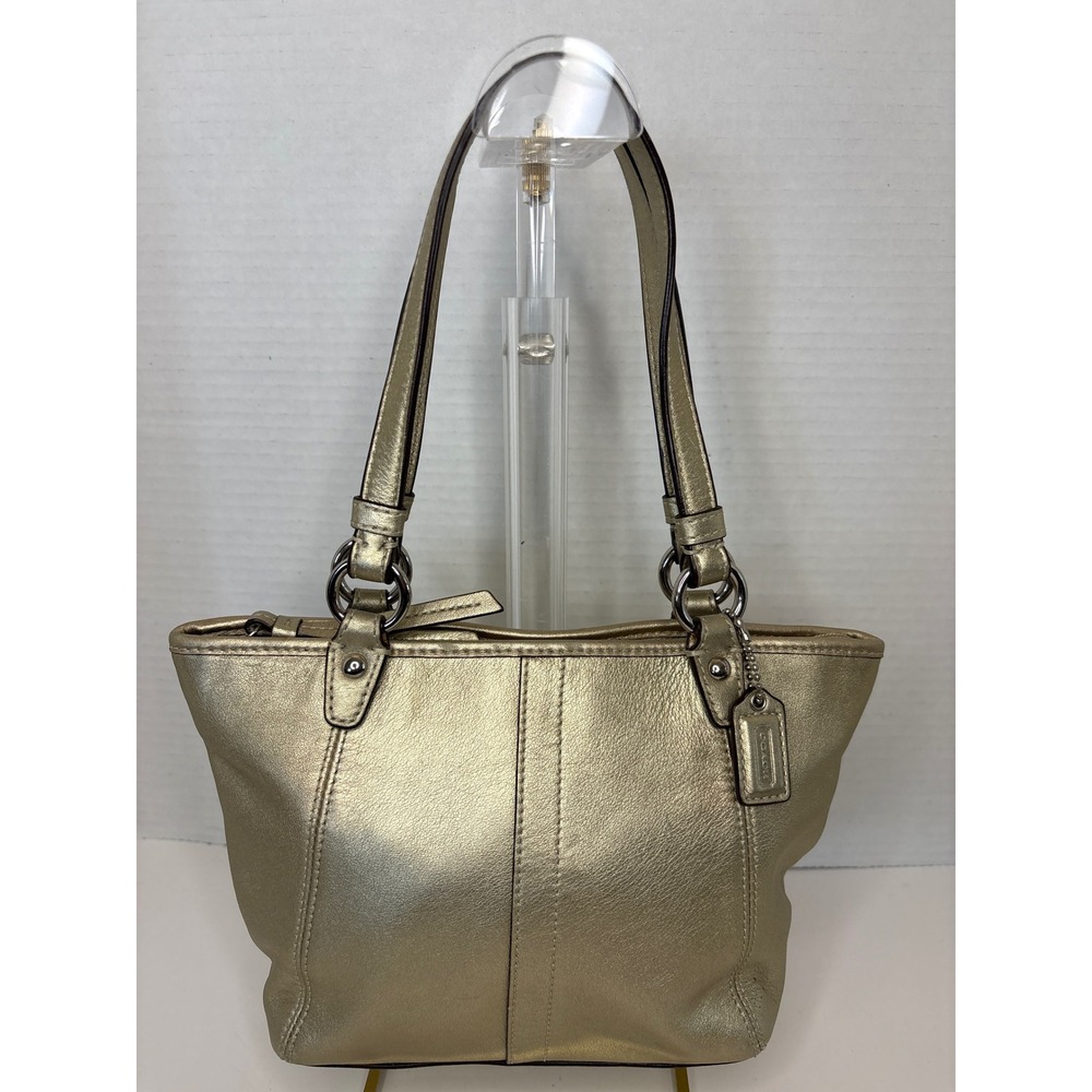 Coach Leah Metallic Gold Leather Mini Tote Bag Turquoise Lining 42416-see pics